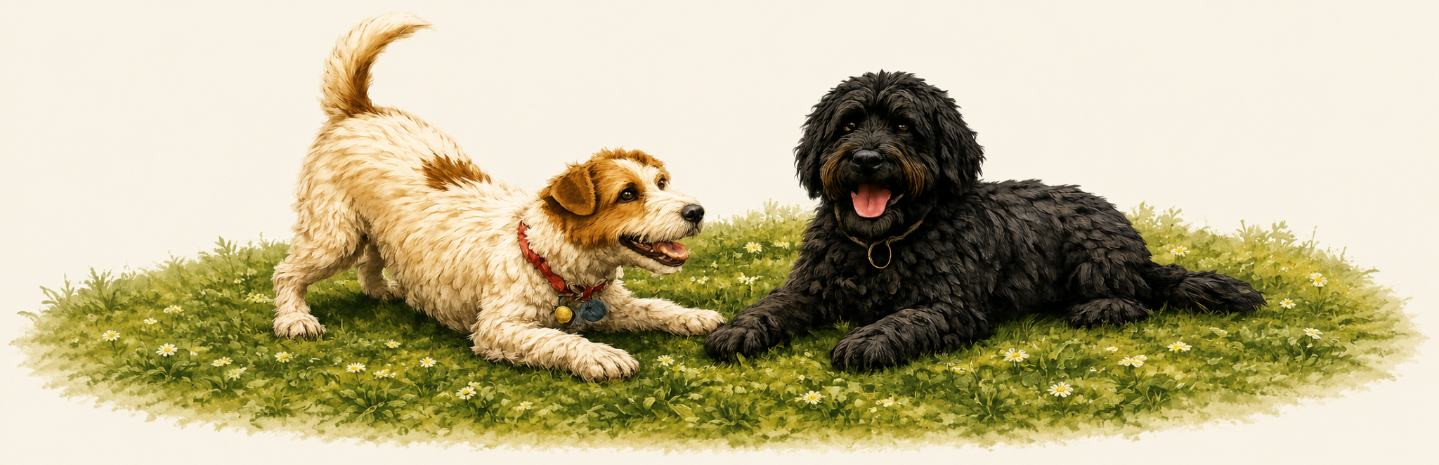 Illustrated Jack Russell in a play bow beside a black curly Labradoodle