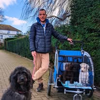 A man walking dogs with a specialist dog carrier