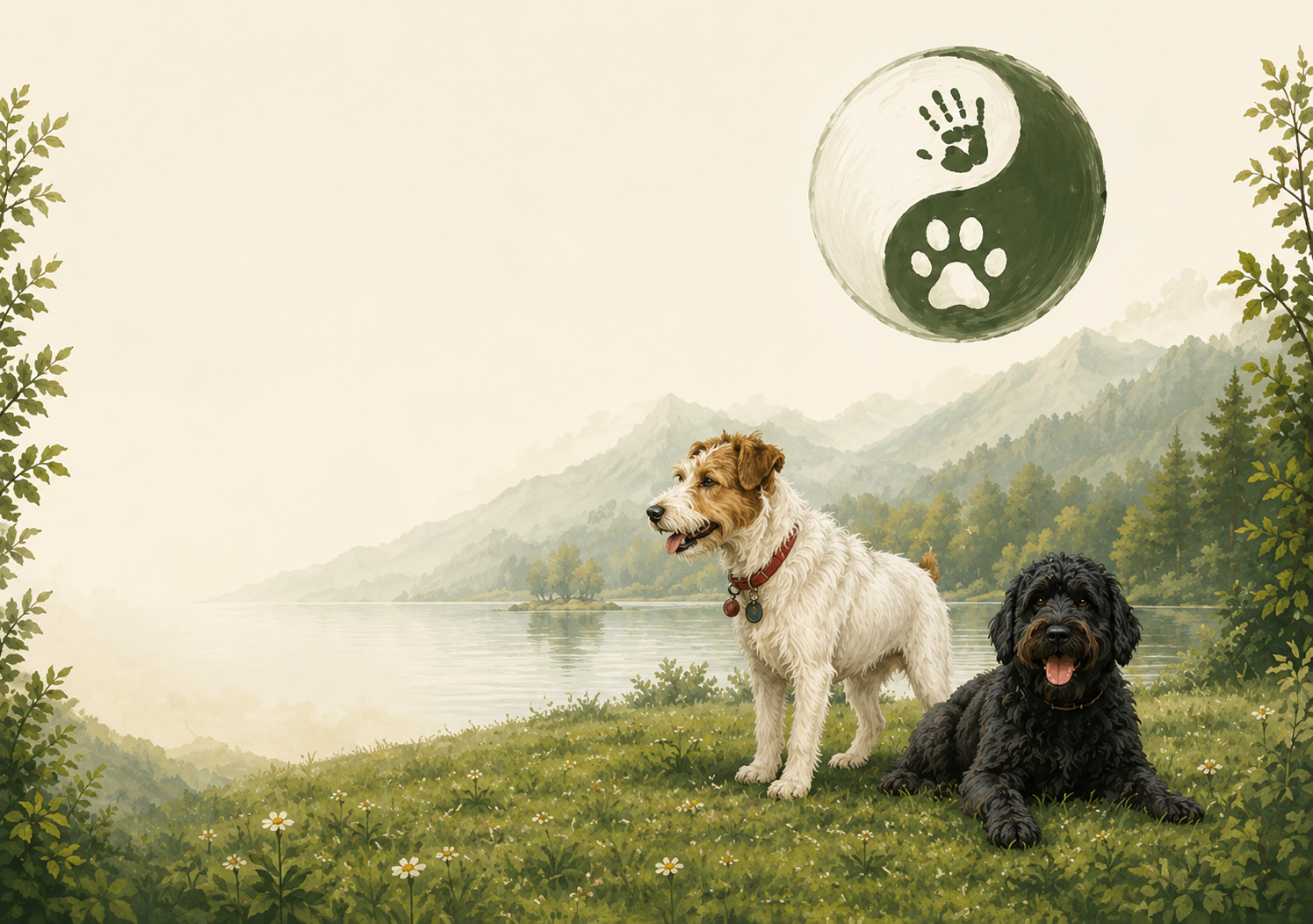 Illustrated Jack Russell and black curly Labradoodle in a peaceful mountain landscape with Art Of The Mutt yin-yang symbol